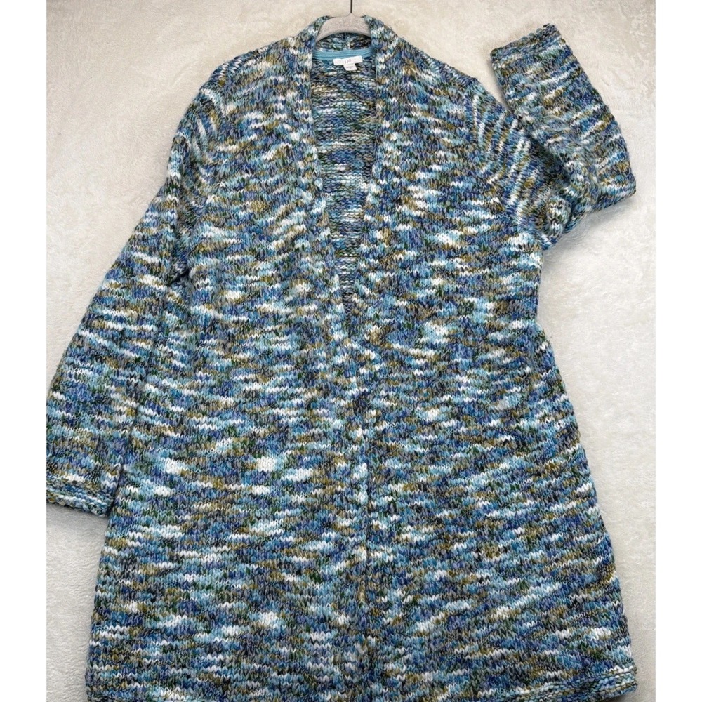 J Jill Womens XL Blue Long Cardigan Sweater Chunky Knit Open Front Draped Casual